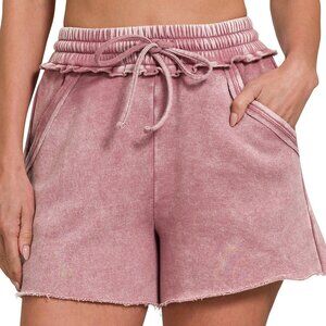 NWT Ladies Light Rose Acid Wash Fleece Drawstring Shorts with Pockets LG